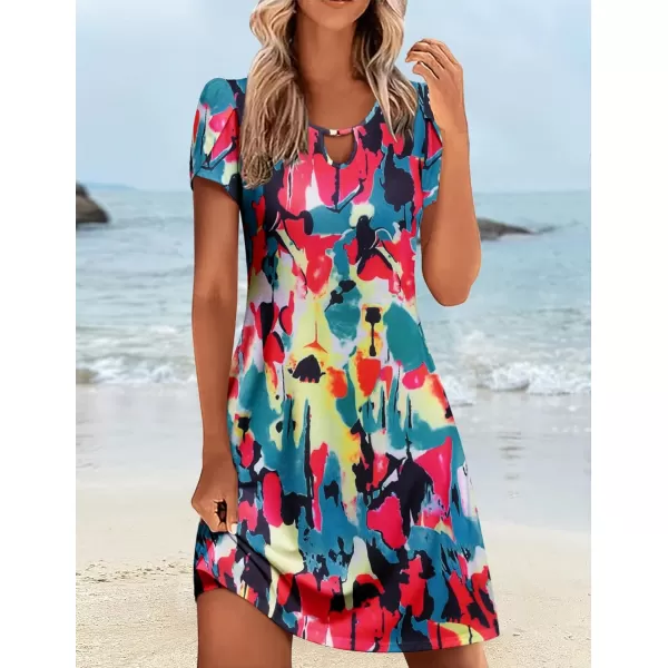 HOTOUCH Womens Casual ALine Dress with Pockets Summer Beach Floral Tshirt Dress Short Sleeve Mini Dress Flowy SundressesMulticolor