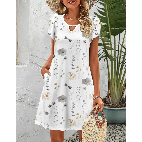 HOTOUCH Womens Casual ALine Dress with Pockets Summer Beach Floral Tshirt Dress Short Sleeve Mini Dress Flowy SundressesWhiteprint