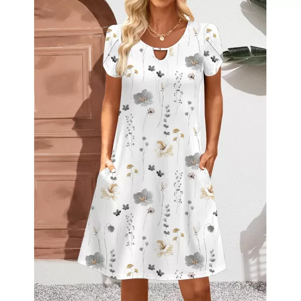 HOTOUCH Womens Casual ALine Dress with Pockets Summer Beach Floral Tshirt Dress Short Sleeve Mini Dress Flowy SundressesWhiteprint