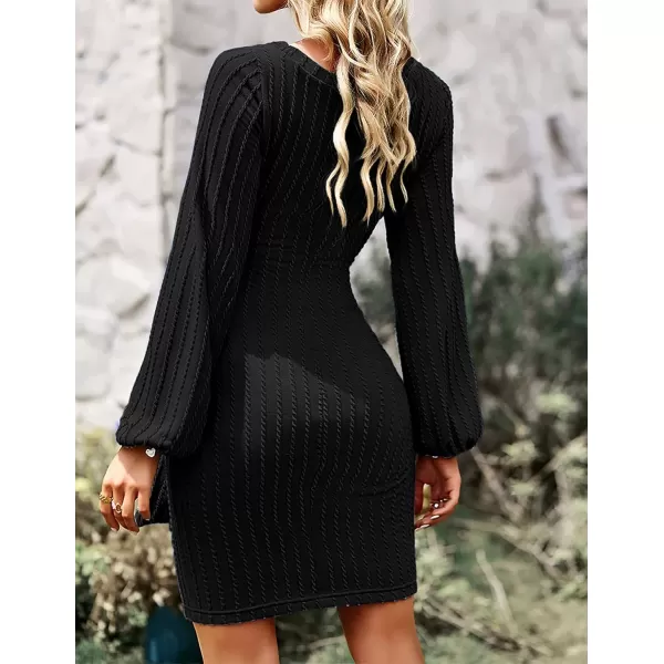 HOTOUCH Womens Casual Knit Dress Long Lantern Sleeve Fall Bodycon Dress Crewneck Tie Waist Rib Knitted Sweater DressesAablack