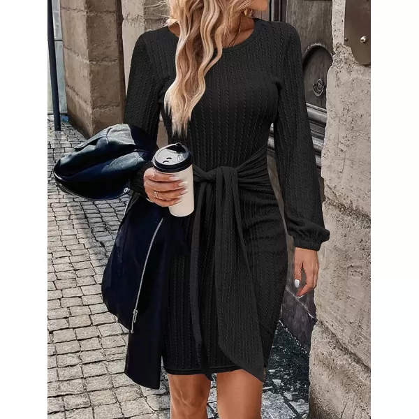 HOTOUCH Womens Casual Knit Dress Long Lantern Sleeve Fall Bodycon Dress Crewneck Tie Waist Rib Knitted Sweater DressesAablack