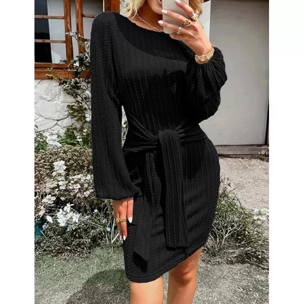 HOTOUCH Womens Casual Knit Dress Long Lantern Sleeve Fall Bodycon Dress Crewneck Tie Waist Rib Knitted Sweater DressesAablack