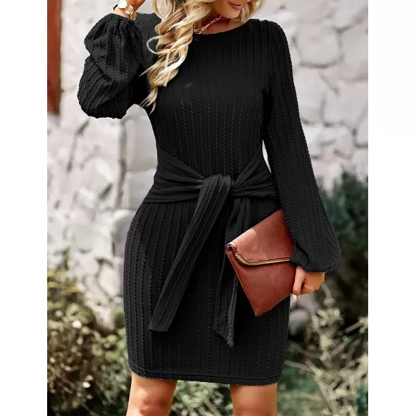 HOTOUCH Womens Casual Knit Dress Long Lantern Sleeve Fall Bodycon Dress Crewneck Tie Waist Rib Knitted Sweater DressesAablack