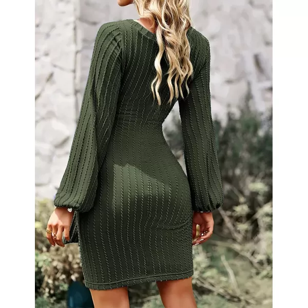 HOTOUCH Womens Casual Knit Dress Long Lantern Sleeve Fall Bodycon Dress Crewneck Tie Waist Rib Knitted Sweater DressesArmy Green