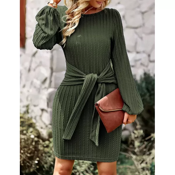 HOTOUCH Womens Casual Knit Dress Long Lantern Sleeve Fall Bodycon Dress Crewneck Tie Waist Rib Knitted Sweater DressesArmy Green