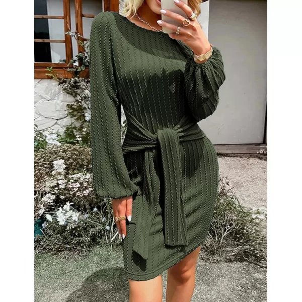 HOTOUCH Womens Casual Knit Dress Long Lantern Sleeve Fall Bodycon Dress Crewneck Tie Waist Rib Knitted Sweater DressesArmy Green