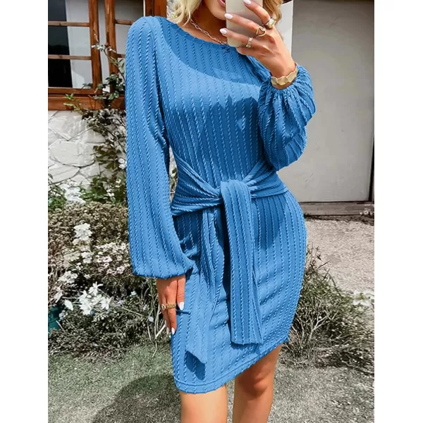 HOTOUCH Womens Casual Knit Dress Long Lantern Sleeve Fall Bodycon Dress Crewneck Tie Waist Rib Knitted Sweater DressesBlue