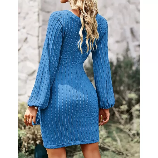 HOTOUCH Womens Casual Knit Dress Long Lantern Sleeve Fall Bodycon Dress Crewneck Tie Waist Rib Knitted Sweater DressesBlue