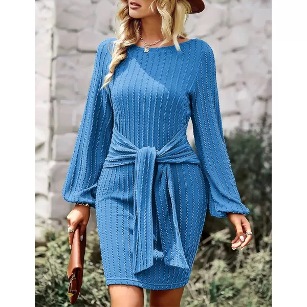 HOTOUCH Womens Casual Knit Dress Long Lantern Sleeve Fall Bodycon Dress Crewneck Tie Waist Rib Knitted Sweater DressesBlue