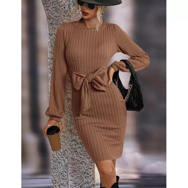 HOTOUCH Womens Casual Knit Dress Long Lantern Sleeve Fall Bodycon Dress Crewneck Tie Waist Rib Knitted Sweater DressesBrown