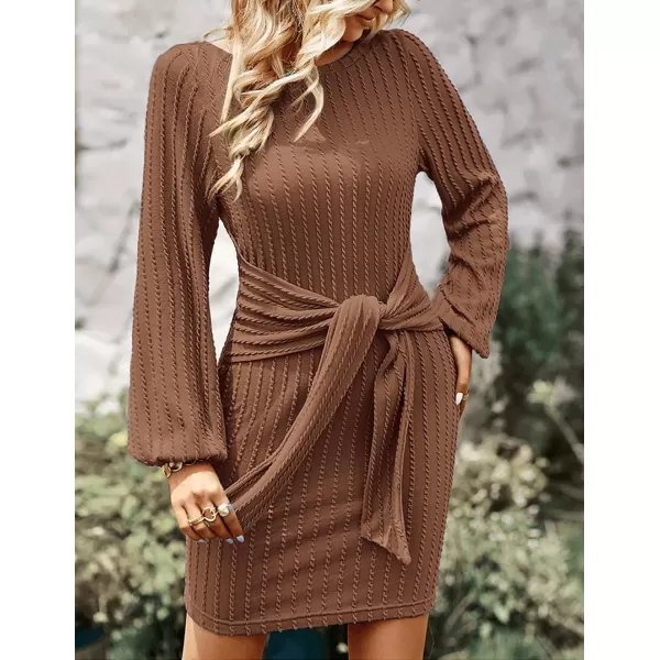 HOTOUCH Womens Casual Knit Dress Long Lantern Sleeve Fall Bodycon Dress Crewneck Tie Waist Rib Knitted Sweater DressesBrown