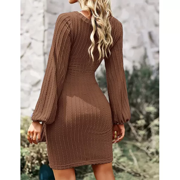 HOTOUCH Womens Casual Knit Dress Long Lantern Sleeve Fall Bodycon Dress Crewneck Tie Waist Rib Knitted Sweater DressesBrown