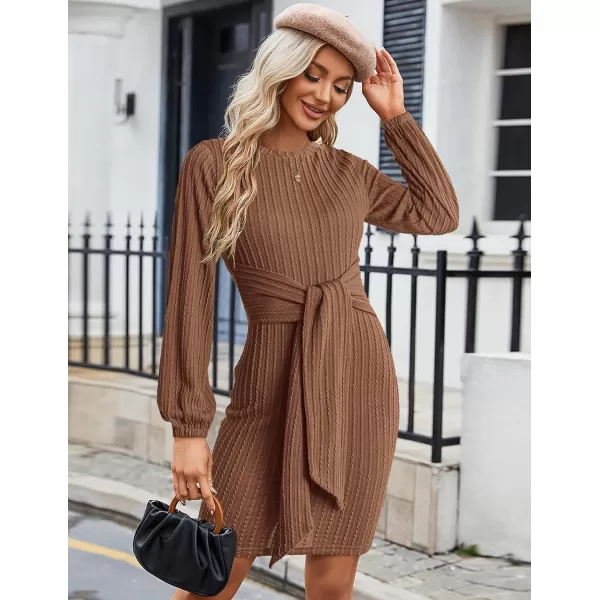 HOTOUCH Womens Casual Knit Dress Long Lantern Sleeve Fall Bodycon Dress Crewneck Tie Waist Rib Knitted Sweater DressesBrown