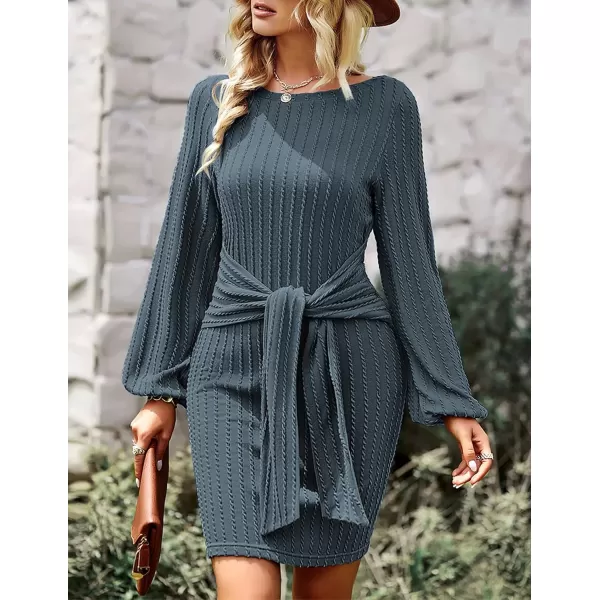 HOTOUCH Womens Casual Knit Dress Long Lantern Sleeve Fall Bodycon Dress Crewneck Tie Waist Rib Knitted Sweater DressesDark Blue