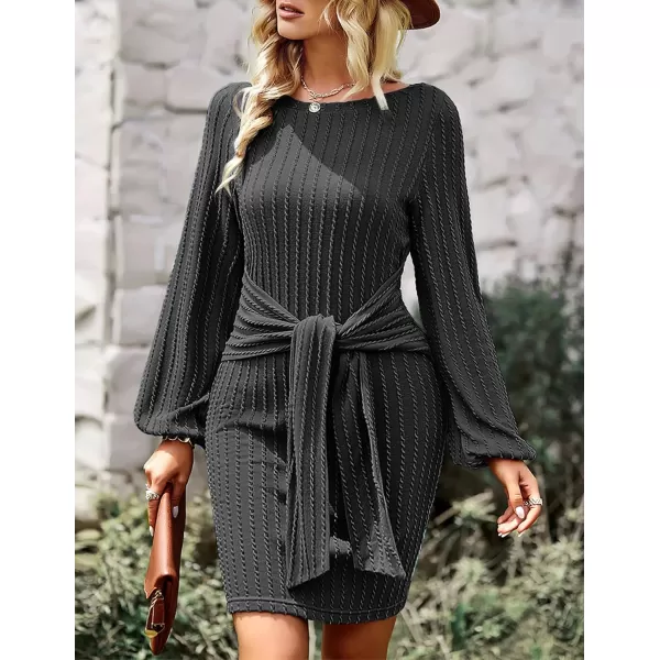 HOTOUCH Womens Casual Knit Dress Long Lantern Sleeve Fall Bodycon Dress Crewneck Tie Waist Rib Knitted Sweater DressesDark Grey