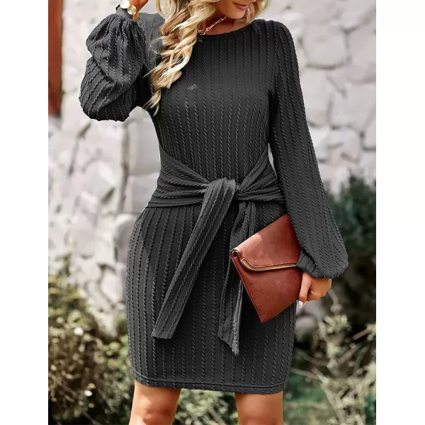 HOTOUCH Womens Casual Knit Dress Long Lantern Sleeve Fall Bodycon Dress Crewneck Tie Waist Rib Knitted Sweater DressesDark Grey