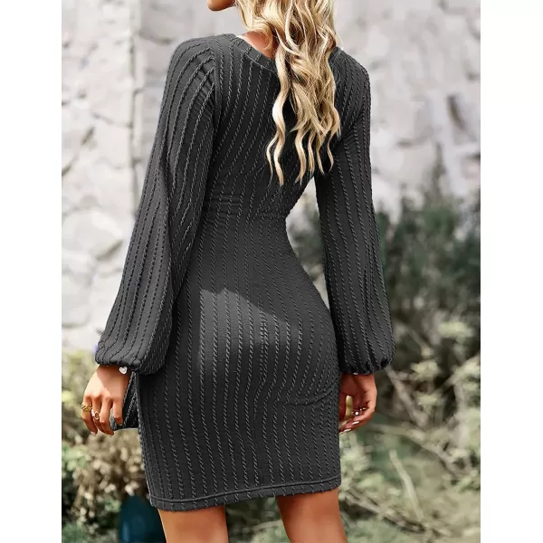 HOTOUCH Womens Casual Knit Dress Long Lantern Sleeve Fall Bodycon Dress Crewneck Tie Waist Rib Knitted Sweater DressesDark Grey