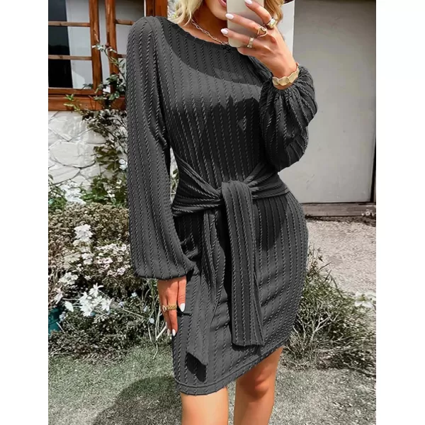 HOTOUCH Womens Casual Knit Dress Long Lantern Sleeve Fall Bodycon Dress Crewneck Tie Waist Rib Knitted Sweater DressesDark Grey