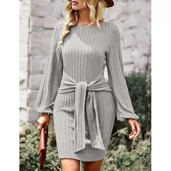 HOTOUCH Womens Casual Knit Dress Long Lantern Sleeve Fall Bodycon Dress Crewneck Tie Waist Rib Knitted Sweater DressesGrey