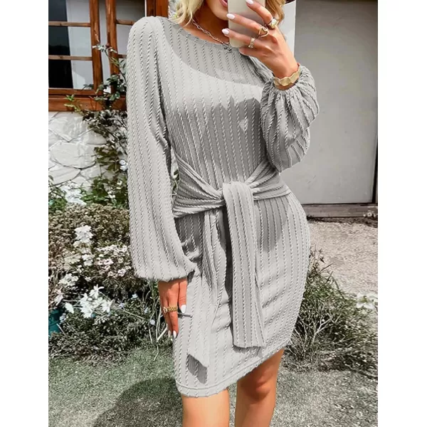 HOTOUCH Womens Casual Knit Dress Long Lantern Sleeve Fall Bodycon Dress Crewneck Tie Waist Rib Knitted Sweater DressesGrey