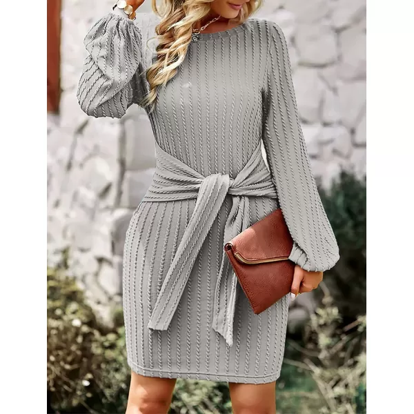 HOTOUCH Womens Casual Knit Dress Long Lantern Sleeve Fall Bodycon Dress Crewneck Tie Waist Rib Knitted Sweater DressesGrey