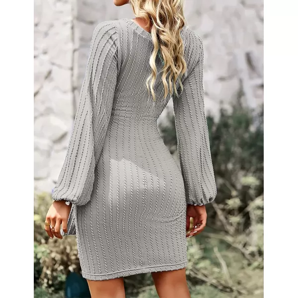 HOTOUCH Womens Casual Knit Dress Long Lantern Sleeve Fall Bodycon Dress Crewneck Tie Waist Rib Knitted Sweater DressesGrey