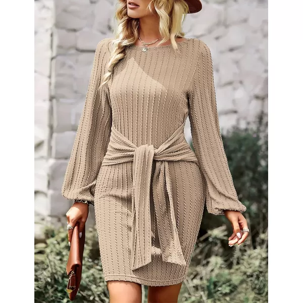 HOTOUCH Womens Casual Knit Dress Long Lantern Sleeve Fall Bodycon Dress Crewneck Tie Waist Rib Knitted Sweater DressesKhaki