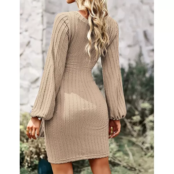 HOTOUCH Womens Casual Knit Dress Long Lantern Sleeve Fall Bodycon Dress Crewneck Tie Waist Rib Knitted Sweater DressesKhaki