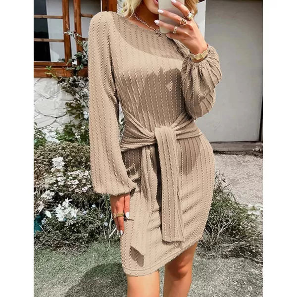 HOTOUCH Womens Casual Knit Dress Long Lantern Sleeve Fall Bodycon Dress Crewneck Tie Waist Rib Knitted Sweater DressesKhaki