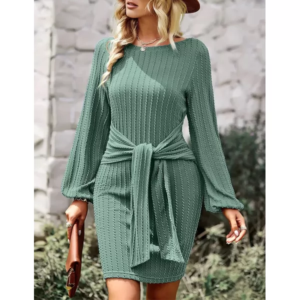 HOTOUCH Womens Casual Knit Dress Long Lantern Sleeve Fall Bodycon Dress Crewneck Tie Waist Rib Knitted Sweater DressesMint Green