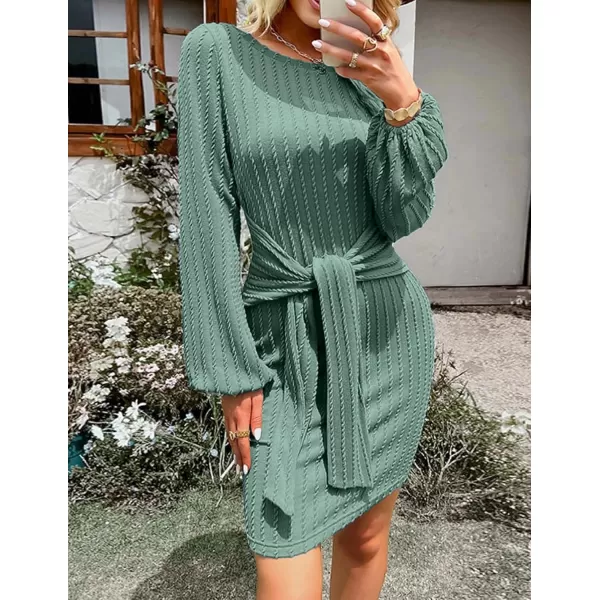 HOTOUCH Womens Casual Knit Dress Long Lantern Sleeve Fall Bodycon Dress Crewneck Tie Waist Rib Knitted Sweater DressesMint Green