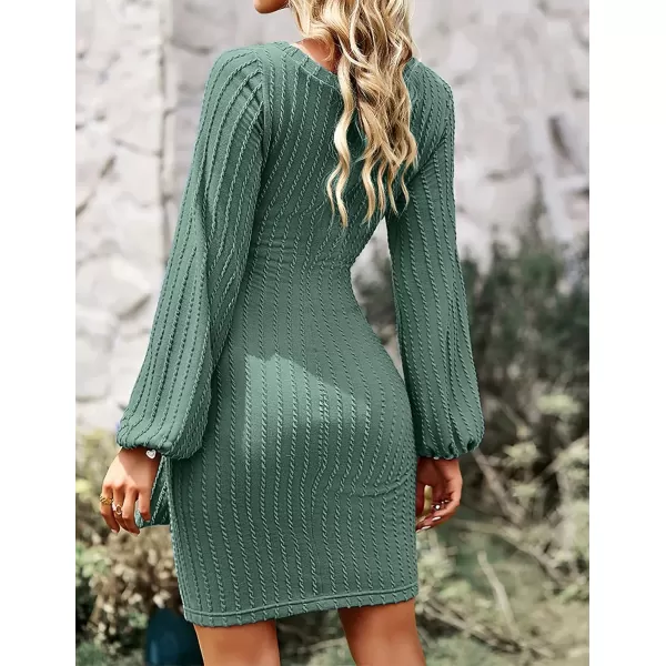 HOTOUCH Womens Casual Knit Dress Long Lantern Sleeve Fall Bodycon Dress Crewneck Tie Waist Rib Knitted Sweater DressesMint Green