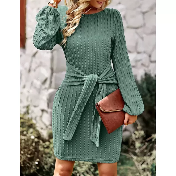 HOTOUCH Womens Casual Knit Dress Long Lantern Sleeve Fall Bodycon Dress Crewneck Tie Waist Rib Knitted Sweater DressesMint Green