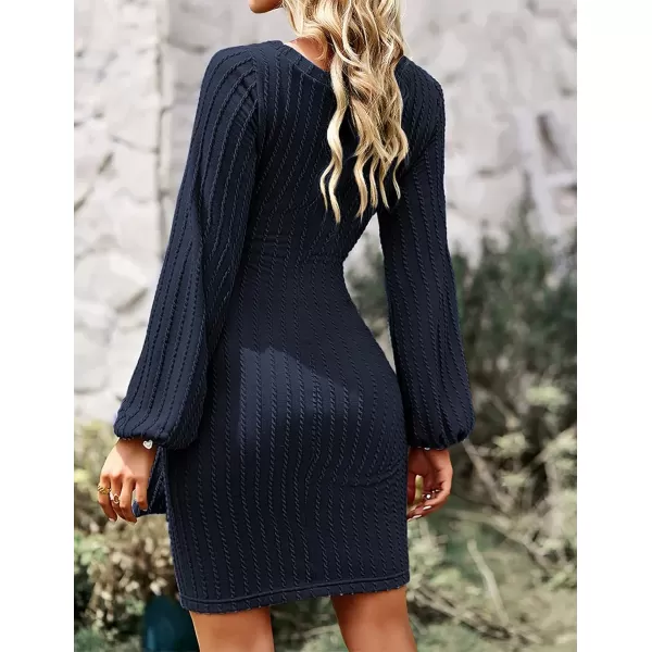 HOTOUCH Womens Casual Knit Dress Long Lantern Sleeve Fall Bodycon Dress Crewneck Tie Waist Rib Knitted Sweater DressesNavy Blue