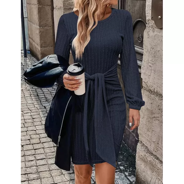 HOTOUCH Womens Casual Knit Dress Long Lantern Sleeve Fall Bodycon Dress Crewneck Tie Waist Rib Knitted Sweater DressesNavy Blue