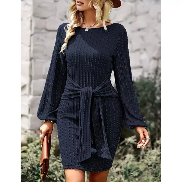 HOTOUCH Womens Casual Knit Dress Long Lantern Sleeve Fall Bodycon Dress Crewneck Tie Waist Rib Knitted Sweater DressesNavy Blue