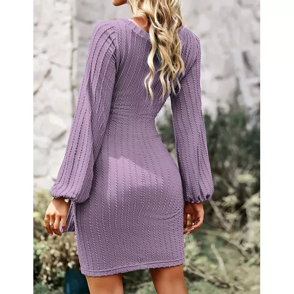 HOTOUCH Womens Casual Knit Dress Long Lantern Sleeve Fall Bodycon Dress Crewneck Tie Waist Rib Knitted Sweater DressesPurple