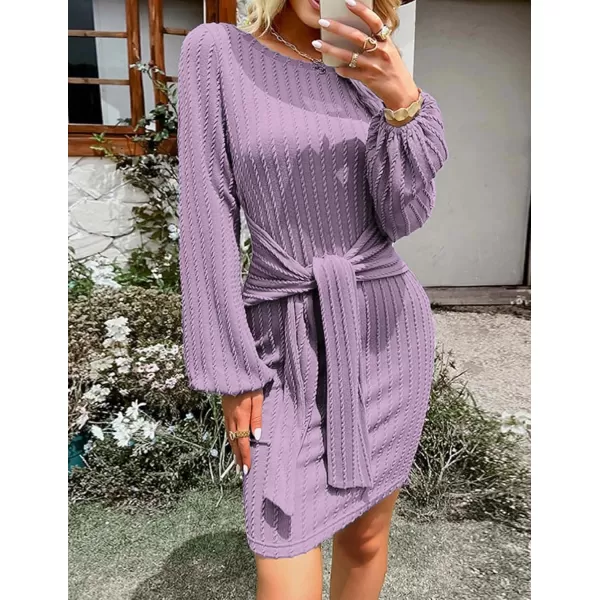 HOTOUCH Womens Casual Knit Dress Long Lantern Sleeve Fall Bodycon Dress Crewneck Tie Waist Rib Knitted Sweater DressesPurple