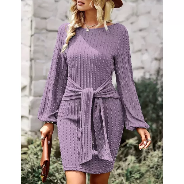 HOTOUCH Womens Casual Knit Dress Long Lantern Sleeve Fall Bodycon Dress Crewneck Tie Waist Rib Knitted Sweater DressesPurple