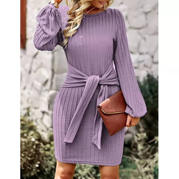 HOTOUCH Womens Casual Knit Dress Long Lantern Sleeve Fall Bodycon Dress Crewneck Tie Waist Rib Knitted Sweater DressesPurple