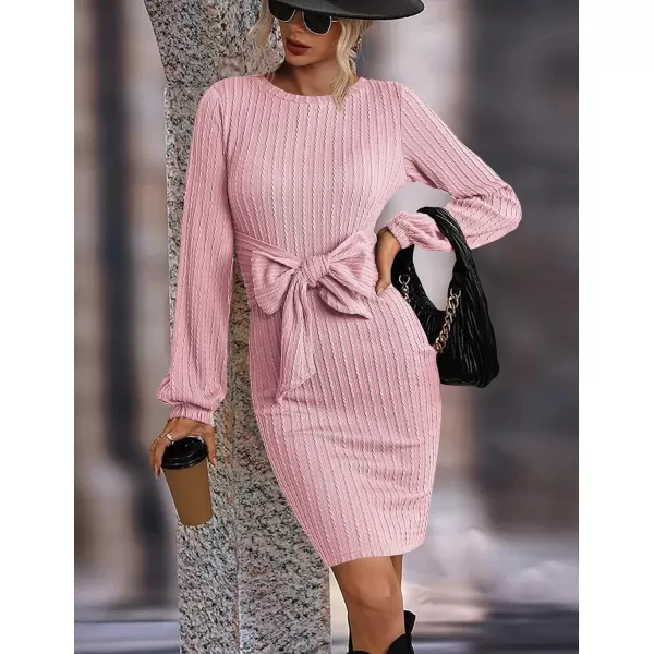 HOTOUCH Womens Casual Knit Dress Long Lantern Sleeve Fall Bodycon Dress Crewneck Tie Waist Rib Knitted Sweater DressesRose Pink