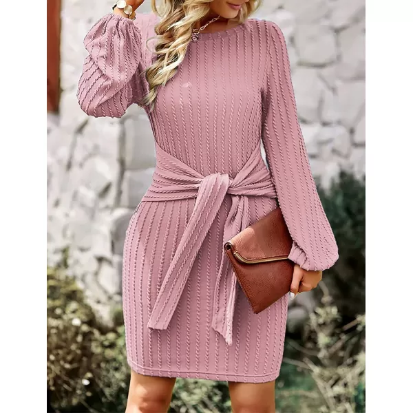 HOTOUCH Womens Casual Knit Dress Long Lantern Sleeve Fall Bodycon Dress Crewneck Tie Waist Rib Knitted Sweater DressesRose Pink