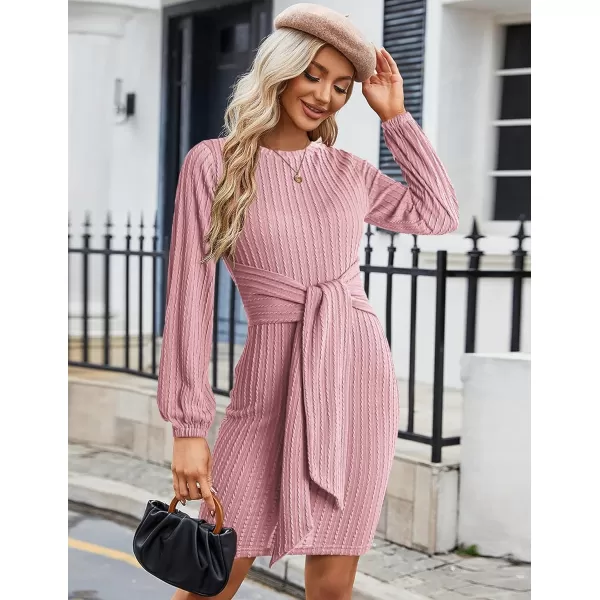 HOTOUCH Womens Casual Knit Dress Long Lantern Sleeve Fall Bodycon Dress Crewneck Tie Waist Rib Knitted Sweater DressesRose Pink