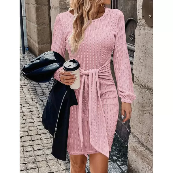 HOTOUCH Womens Casual Knit Dress Long Lantern Sleeve Fall Bodycon Dress Crewneck Tie Waist Rib Knitted Sweater DressesRose Pink