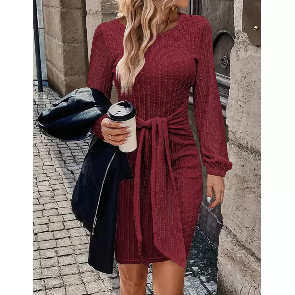 HOTOUCH Womens Casual Knit Dress Long Lantern Sleeve Fall Bodycon Dress Crewneck Tie Waist Rib Knitted Sweater DressesWine Red