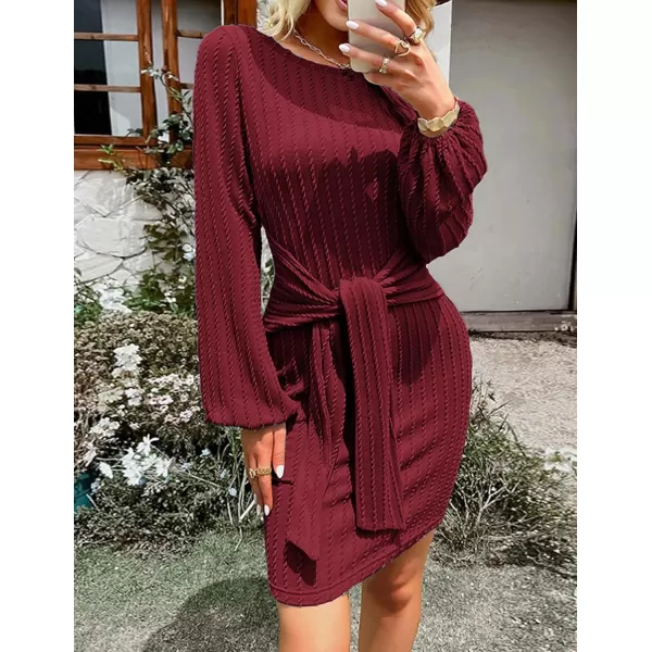 HOTOUCH Womens Casual Knit Dress Long Lantern Sleeve Fall Bodycon Dress Crewneck Tie Waist Rib Knitted Sweater DressesWine Red