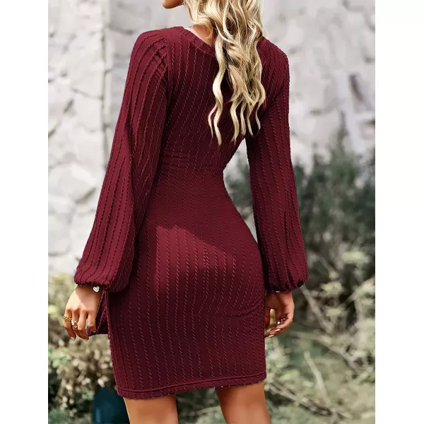 HOTOUCH Womens Casual Knit Dress Long Lantern Sleeve Fall Bodycon Dress Crewneck Tie Waist Rib Knitted Sweater DressesWine Red