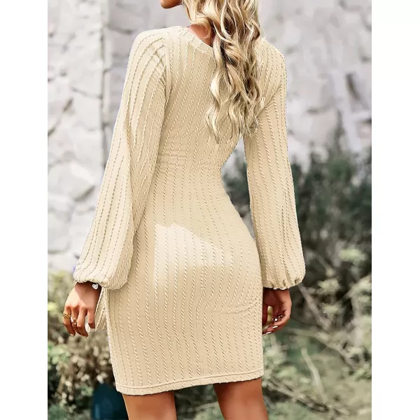 HOTOUCH Womens Casual Knit Dress Long Lantern Sleeve Fall Bodycon Dress Crewneck Tie Waist Rib Knitted Sweater DressesYellow