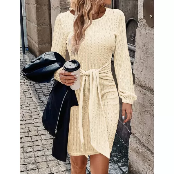 HOTOUCH Womens Casual Knit Dress Long Lantern Sleeve Fall Bodycon Dress Crewneck Tie Waist Rib Knitted Sweater DressesYellow