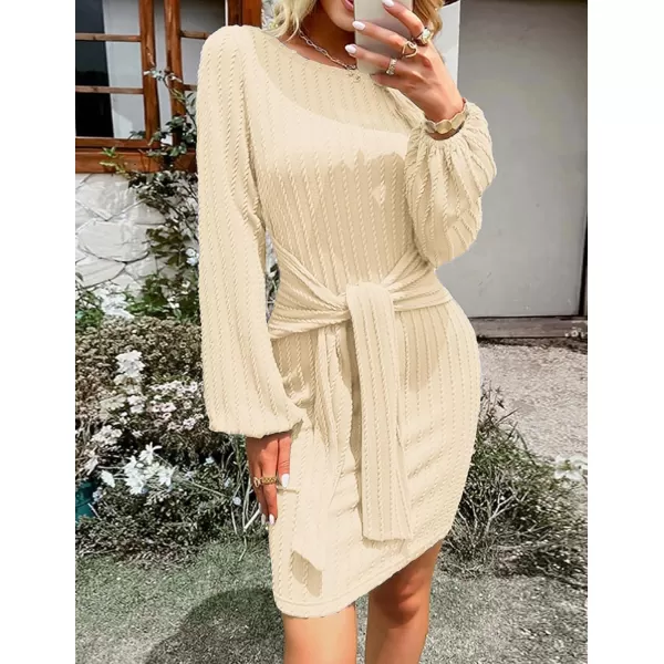 HOTOUCH Womens Casual Knit Dress Long Lantern Sleeve Fall Bodycon Dress Crewneck Tie Waist Rib Knitted Sweater DressesYellow